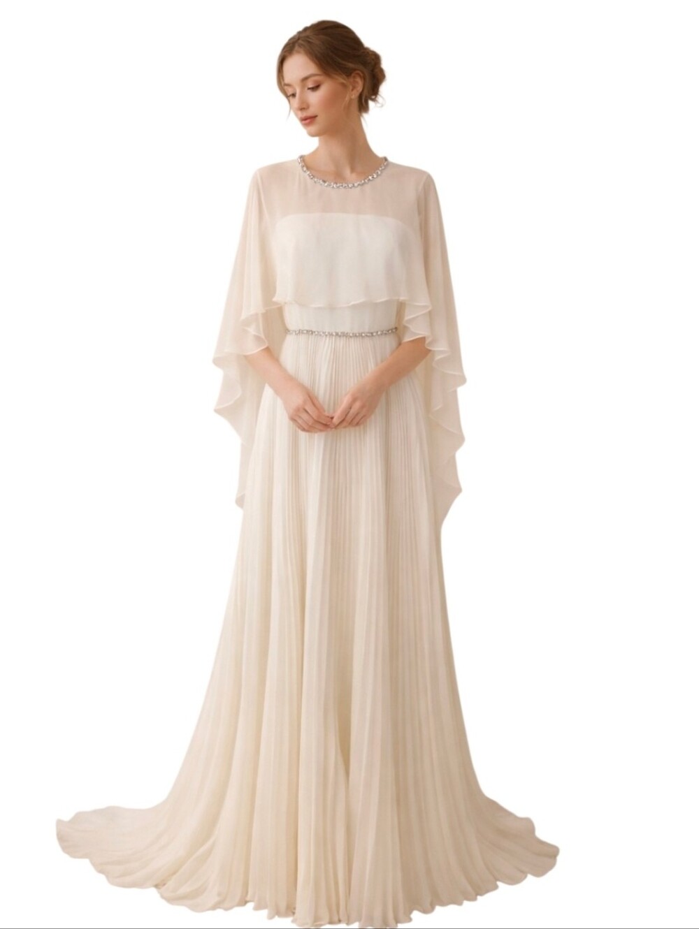 Jenny Packham Bloom Cape Ivory Chiffon Gown Rhinestone Embellished Pleated Dress